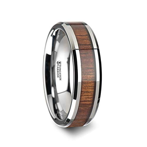 THORSTEN - KONA Tungsten Carbide Wedding Ring with Koa Wood Inlay and Polished Beveled Edges Comfort Fit Lightweight Durable Wooden Wedding Band - 6mm