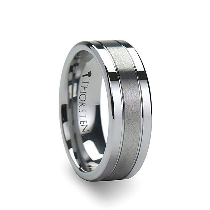 CHRONOS Flat with Offset Grooves Polished Edges and Satin Center Tungsten Band - 8mm - FREE Engraving