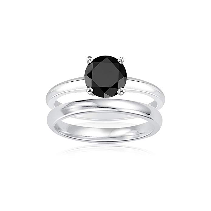 Vogati 2.00 Cts Black Diamond Engagement and Plain Wedding (3mm comfort fit) Ring Set in Sterling Silver