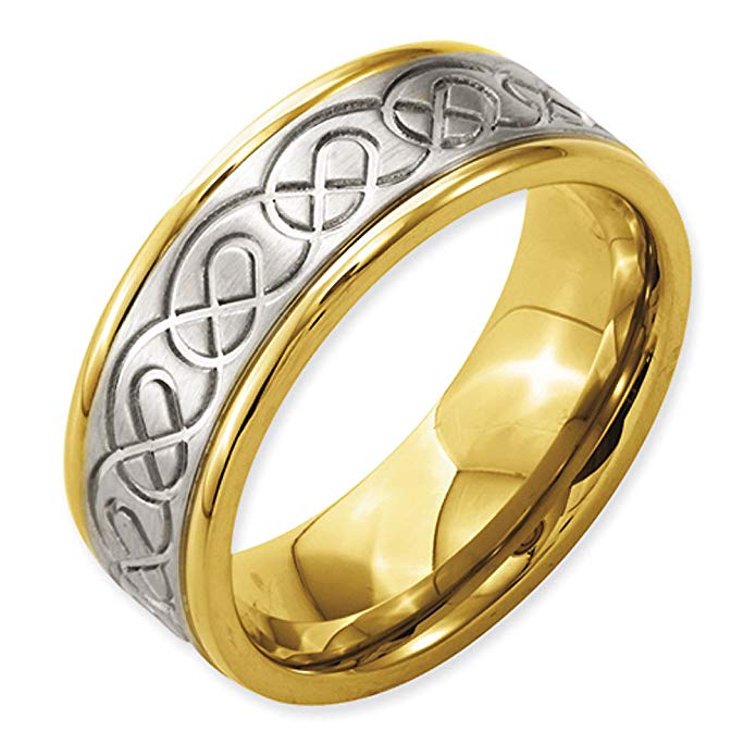 8mm Ridged Edge Yellow Quality Plated Brushed and Polished Finish Grooved Scroll Designer Titanium Contemporary Wedding Band