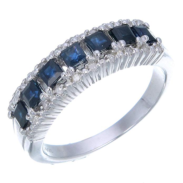 0.70 CT Sterling Silver Blue Sapphire & Diamond Wedding Band (0.70 CT)