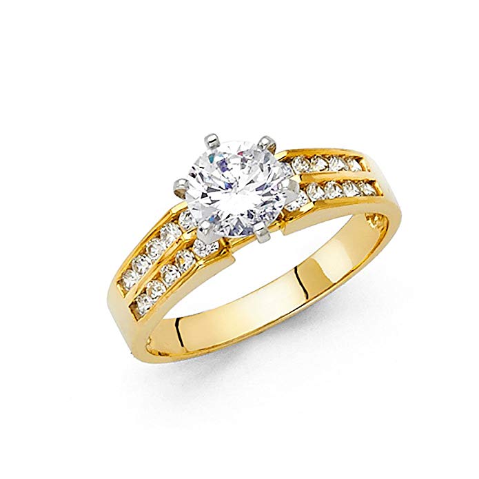 14K Solid Gold Polished Cubic Zirconia Round Cut Wedding Engagement Ring with Side Stones