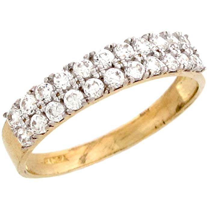 14k Yellow Gold Pretty Two Row Round Cut White CZ Band