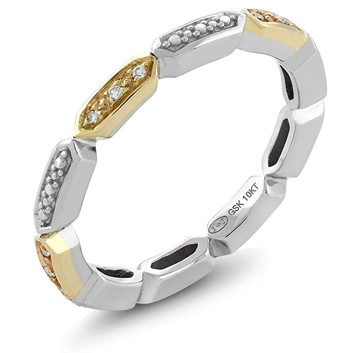 10K 2-Tone White & Yellow Gold White Diamond Ladies Vintage Style Geometric Pattern Wedding Eternity Stackable Band (Available 5,6,7,8,9)