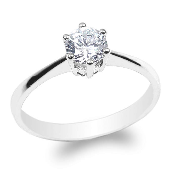 JamesJenny Ladies 10K White Gold 0.5ct Round CZ Solitaire Solid Wedding Ring Size 4-10