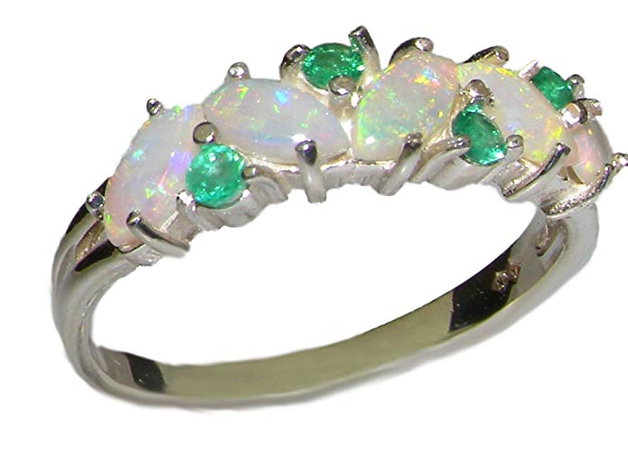 925 Sterling Silver Real Genuine Opal and Emerald Womens Eternity Ring