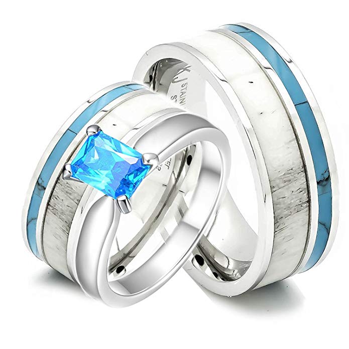 3 pc Natural Deer Antler Ring with Turquoise Inlay Engagement ring Mens Womens Wedding Ring Set Stainless Steel Sterling Silver Band