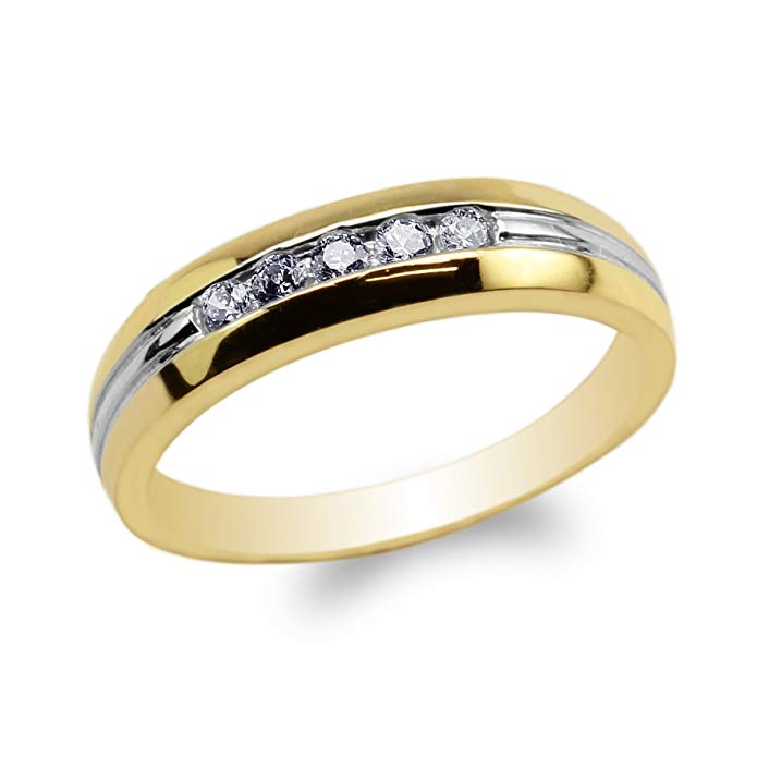 JamesJenny Womens 14K Yellow Gold Two Tone Lines Round CZ Embedded Wedding Band Ring Size 4-9