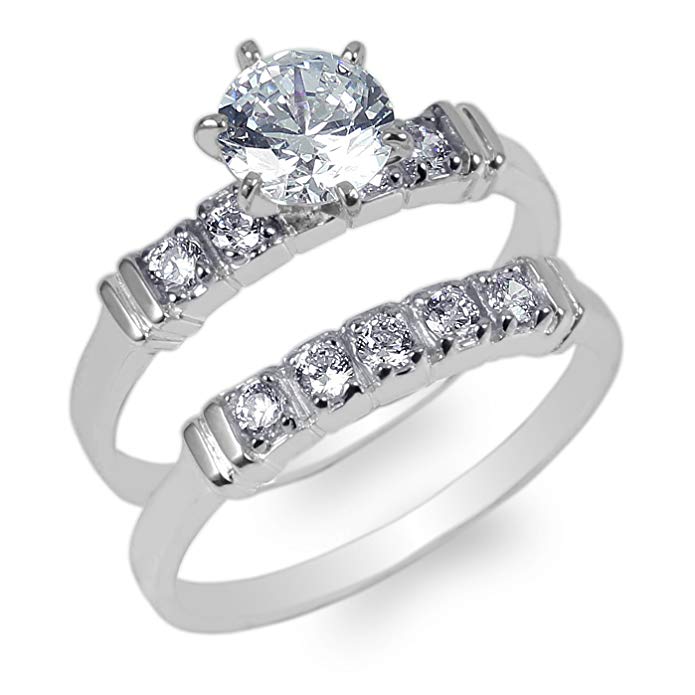 JamesJenny Ladies Set 10K White Gold 0.9ct Round CZ Wedding Ring Size 4-10