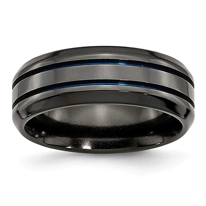 Jewelry Pilot 8mm Chisel Black Ti Blue Anodized Grooves High Polish Finish Titanium Wedding Band