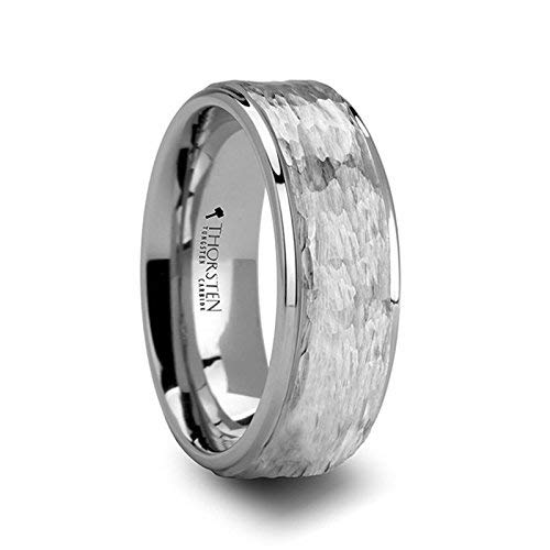 THORSTEN - WINSTON White Tungsten Carbide Wedding Ring with Raised Hammered Finish and Polished Step Edges Comfort Fit Lightweight Durable Wedding Band - 6mm