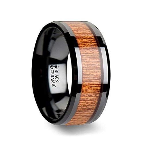 Thorsten Rings BENIN Black Ceramic Wedding Band with Polished Bevels and African Sapele Wood Inlay - 10 mm