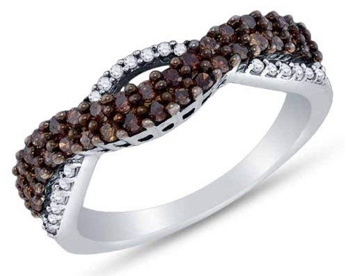 Sonia Jewels 925 Sterling Silver Channel Set Cross Over Round Cut Chocolate Brown and White Diamond Ladies Womens Wedding Band OR Anniversary Ring (1/2 cttw.)