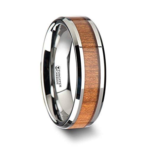 Thorsten Rings BRUNSWICK Tungsten Carbide Wedding Ring with Black Cherry Wood Inlay and Polished Beveled Edges Comfort Fit Lightweight Durable Wooden Wedding Band - 6mm