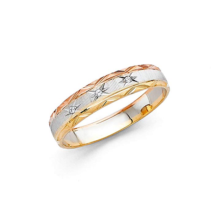 Ioka - 14K Tri Color Solid Gold 4mm Cubic Zirconia CZ Women's Wedding Band