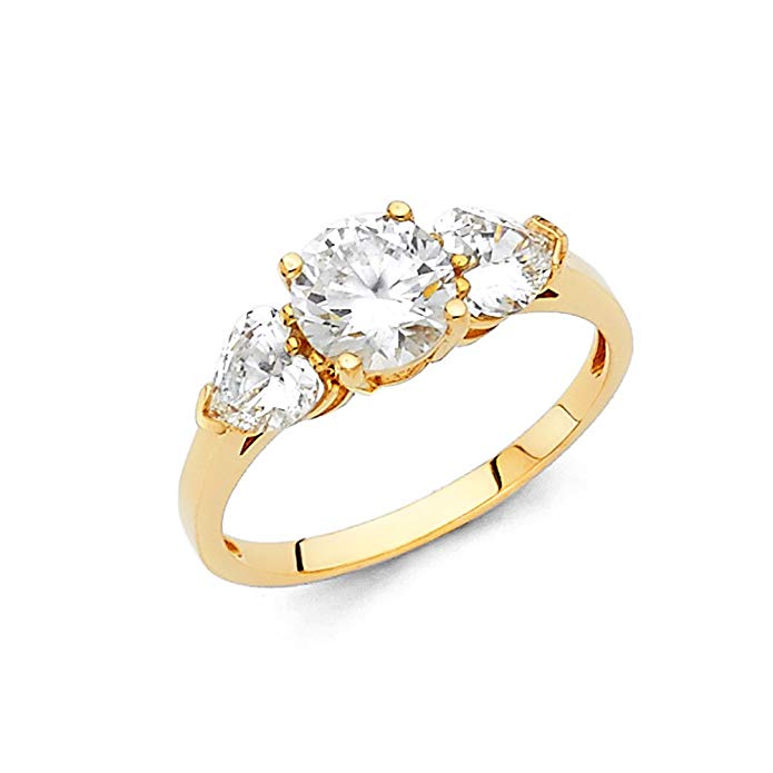 14K Solid Yellow Gold Cubic Zirconia Round Cut Wedding Engagement Ring with Heart Side Stones