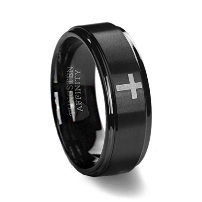 Black Brushed Finish Cross Wedding Ring 8MM Width