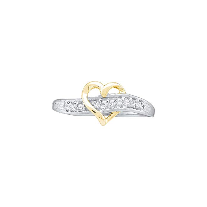 10k White and Yellow Two 2 Tone Gold Heart Shape Round Cut Ladies Diamond Wedding Ring Band 8mm (.05 cttw)