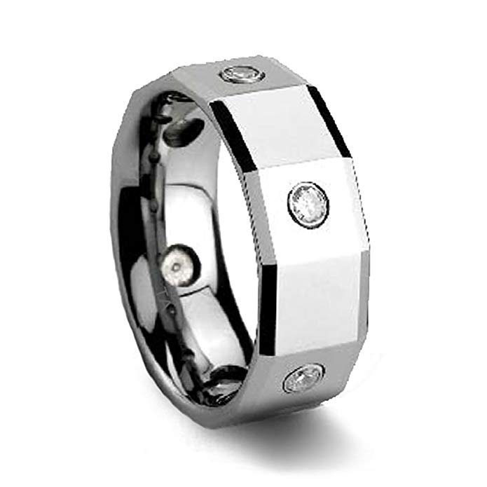 Polished Faceted Mens CZ Tungsten Wedding Ring