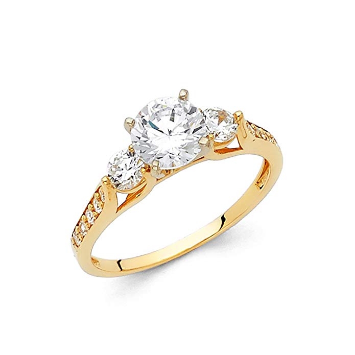 14K Solid Yellow Gold 1.25 cttw Cubic Zirconia Round Cut Three 3 Stone Wedding Engagement Ring with Side Stones