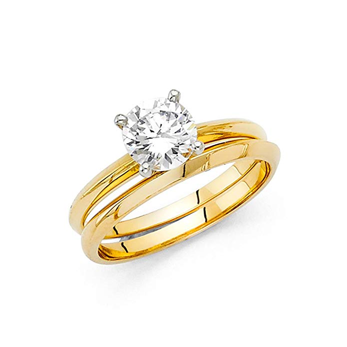 14K Solid Yellow Gold 1.00 cttw Good Cut Cubic Zirconia Engagement Ring and Matching Wedding Band, 2 Piece Set