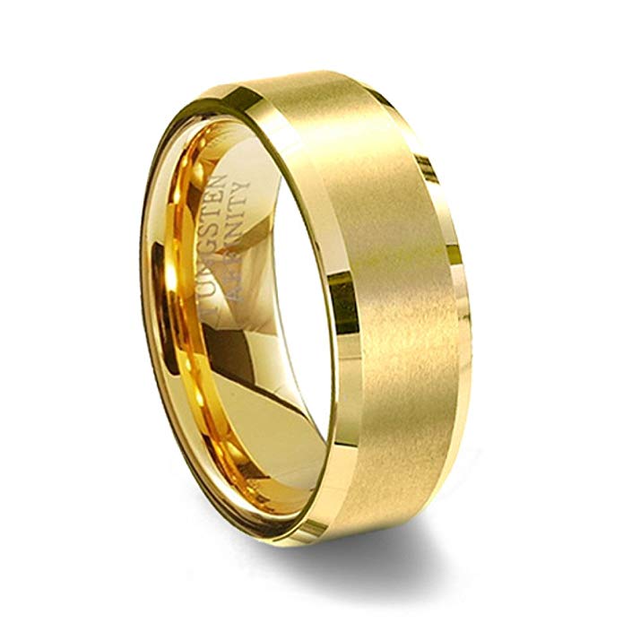 Gold Brushed Finish Tungsten Wedding Ring Beveled Edges 10MM Width