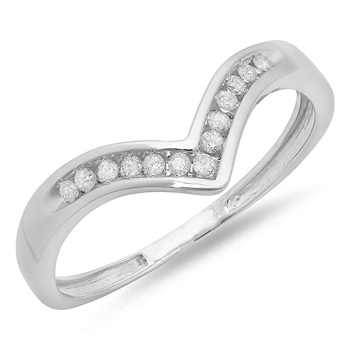 Dazzlingrock Collection 0.10 Carat (ctw) 10K White Gold Round Diamond Wedding Stackable Anniversary Guard Chevron Ring 1/10 CT