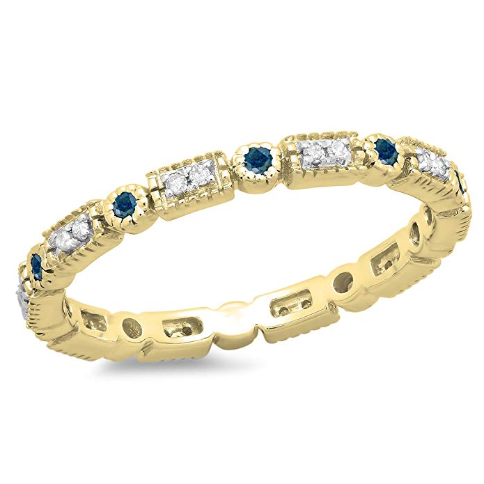 Dazzlingrock Collection 0.25 Carat (ctw) 14K Gold Round Blue & White Diamond Ladies Wedding Eternity Band Stackable Ring 1/4 CT