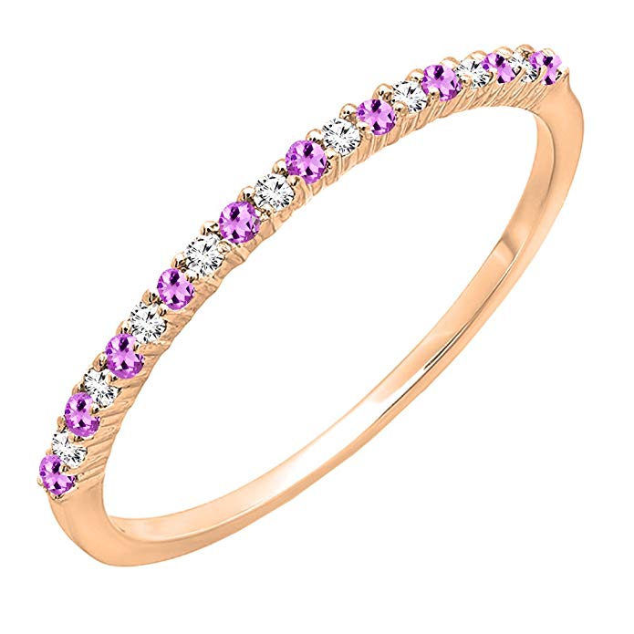 14K Gold Round Amethyst & White Diamond Ladies Anniversary Stackable Wedding Band