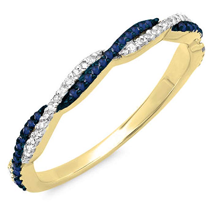 14K Gold Round Blue Sapphire & White Diamond Ladies Anniversary Wedding Band Swirl Stackable Ring