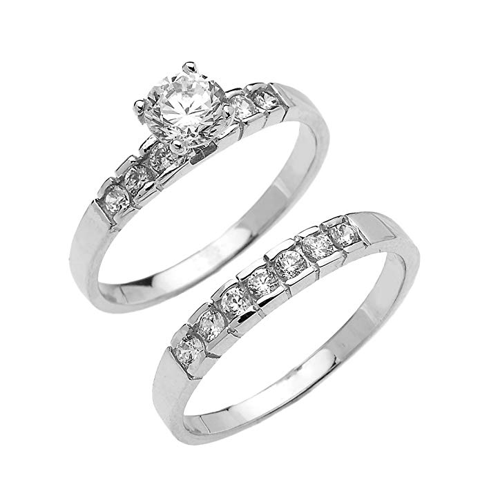 10k White Gold Channel Set Round 1.5 Carat Total Weight CZ Engagement Wedding Ring Set