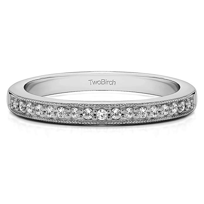 TwoBirch 0.13Ct Seventeen Stone Millgrained Pave Set Wedding ring in Sterling Silver Diamonds (G-H,I2-I3)(Size 3 to 15 in 1/4 Size Intervals)