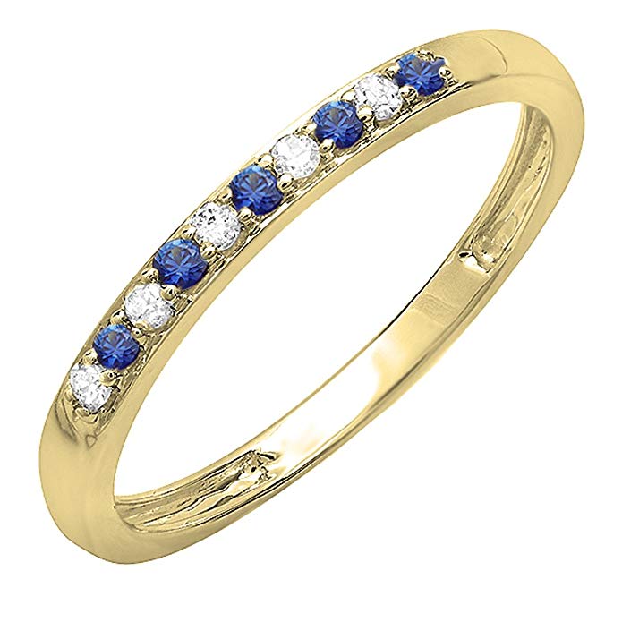 10K Gold Round Blue Sapphire And White Diamond Ladies Wedding Band Ring