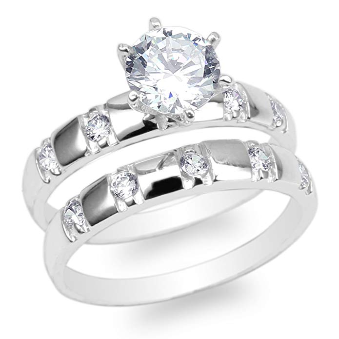 JamesJenny Ladies Set 10K White Gold Round CZ Wedding Pattern Solitaire Ring Size 4-10