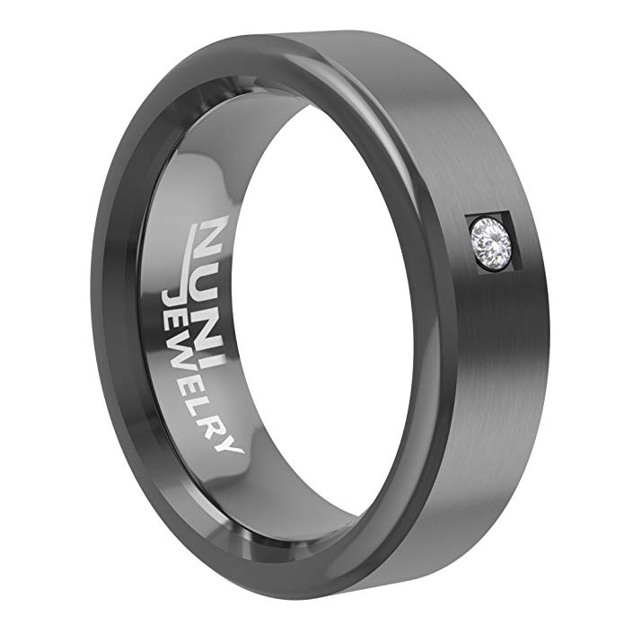 Nuni Jewelry Tungsten Ring Elegant Wedding Band with Black Plated Matte Polished Edge CZ Stone Inlay Design–Tungsten Carbide 6mm Wedding Band for Men and Women–Comes in A Protective Velvet Pouch