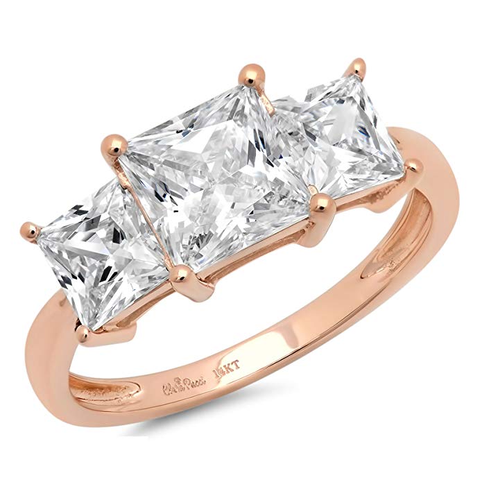 3.10 CT Designer Classic Three Stone Princess Cut CZ Solitaire Ring Band 14K Solid Rose Gold