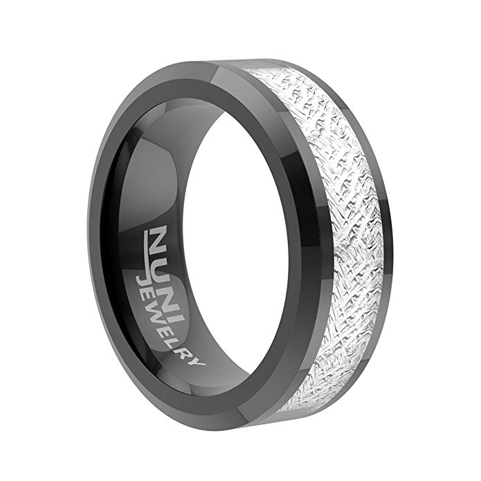 Nuni Jewelry Tungsten Ring By Elegant Wedding Band With Black Plated Hoop Silver Stripe Simulated Meteorite–Tungsten Carbide 8mm Wedding Band For Men And Women–Comes In A Protective VelvetPouch