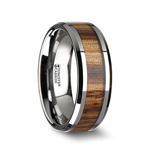 Thorsten Rings PALMALETTO Tungsten Carbide Wedding Ring with Real Zebra Wood Inlay and Polished Beveled Edges Comfort Fit Wooden Wedding Band - 6mm