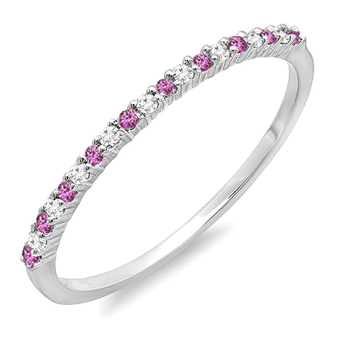 14K White Gold Round Pink Sapphire & White Diamond Ladies Wedding Stackable Ring