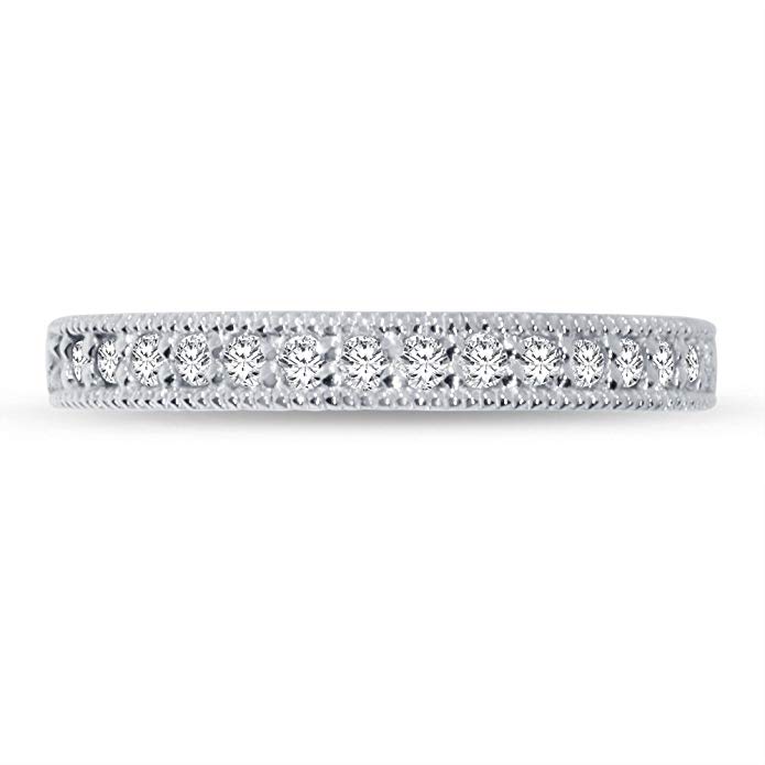 Solid 14k White Gold 3mm Round Cut Milgrain Pave Set Anniversary Ring Wedding Band CZ Cubic Zirconia 1/2 cttw.