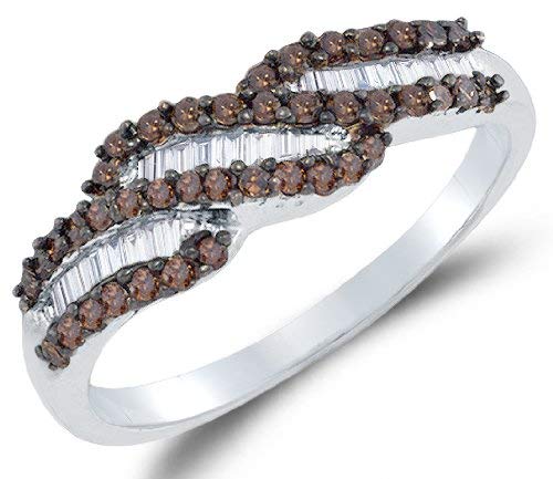 Sonia Jewels 925 Sterling Silver Invisible & Channel Set Round and Baguette Cut Chocolate Brown and White Diamond Ladies Womens Wedding Band OR Anniversary Ring (.48 cttw.)