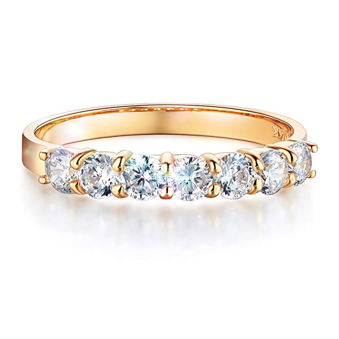 Wellingsale Ladies Solid 14k Yellow Gold Polished CZ Cubic Zirconia Round Cut Seven 7 Stone Anniversary Wedding Band