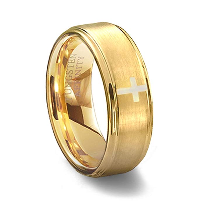 Gold Brushed Finish Tungsten Cross Wedding Ring 10MM Width