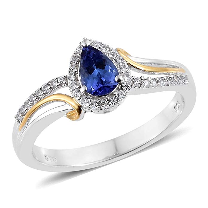 925 Sterling Silver Platinum Plated Pear Tanzanite, Zircon Wedding Ring For Women Cttw 0.8