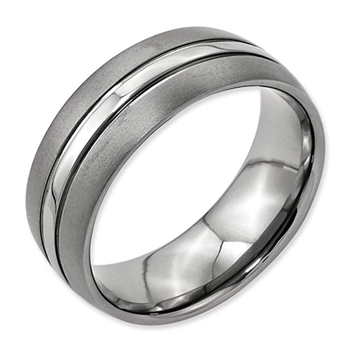 8mm Classic Domed Brushed and Polished Finish Grooved Designer Titanium Contemporary Wedding Band