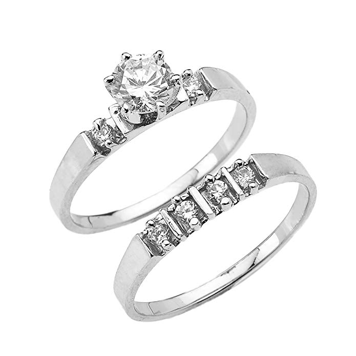 1.3 Carat Total CZ Weight 10k White Gold Elegant Engagement Wedding Ring Set