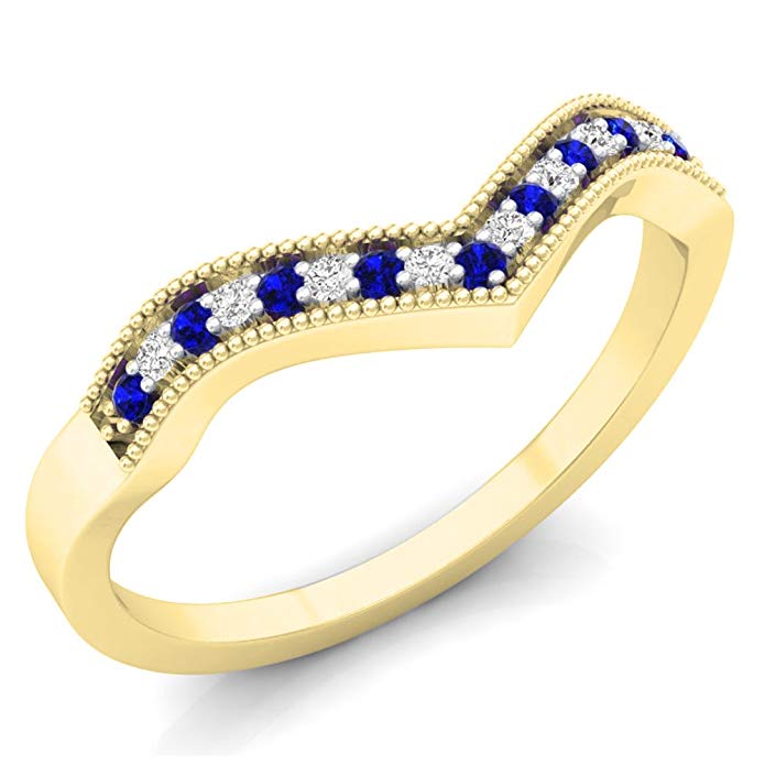 Dazzlingrock Collection 10K Gold Round Blue Sapphire & White Diamond Wedding Stackable Band Anniversary Guard Chevron Ring