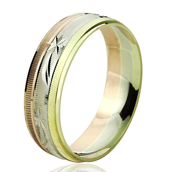 14K Tri-Color Gold Wedding Band 6mm Machine Cut Patterned Ring