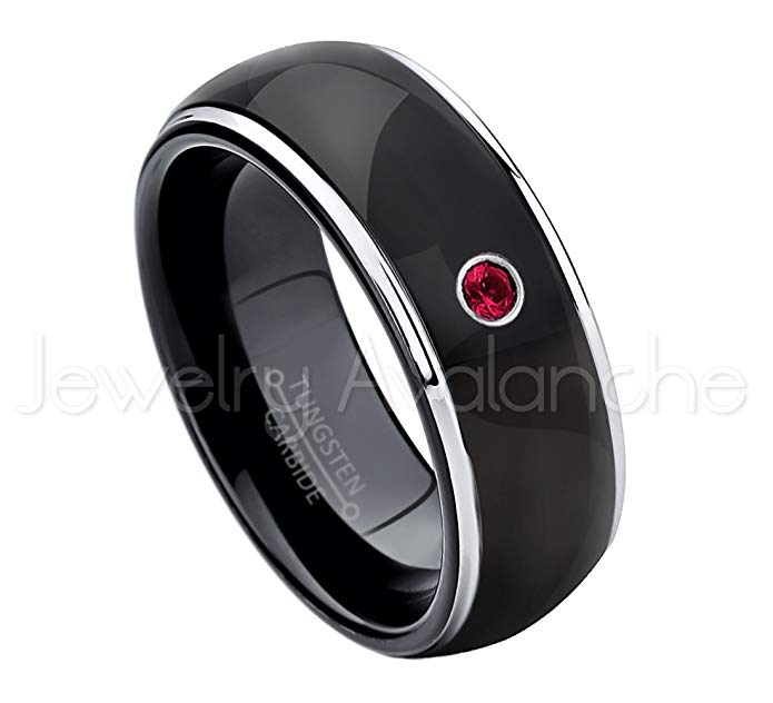 0.07ct Ruby Solitaire Tungsten Ring - July Birthstone Ring - 8mm Polished Finish Semi-Dome Black IP Comfort Fit 2-Tone Tungsten Carbide Wedding Band