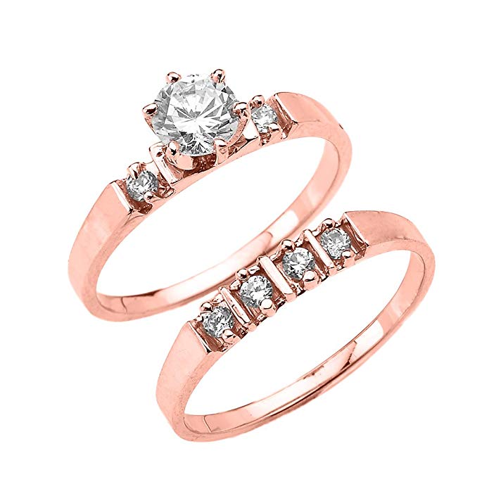 1.3 Carat Total CZ Weight 10k Rose Gold Elegant Engagement Wedding Ring Set